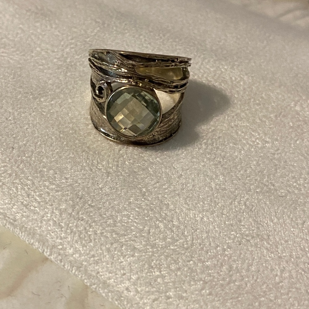 Green stone in silver cocktail ring statement ring